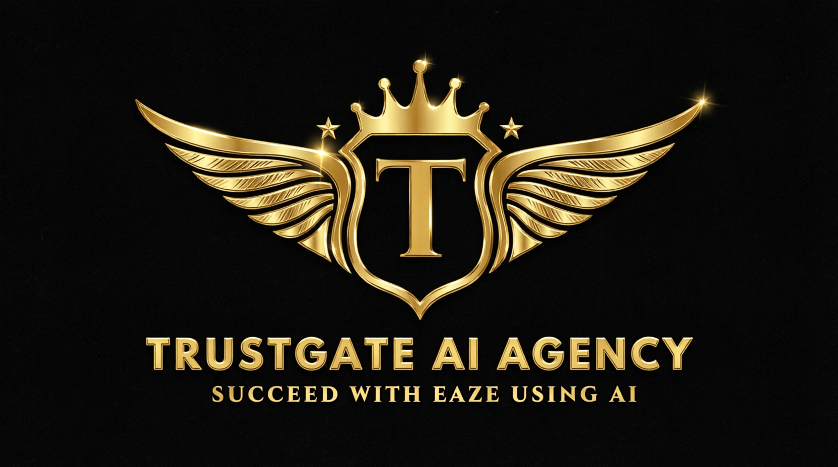 Trustgate AI Agency logo — golden shield with crown and wings